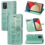 Simpatica custodia in pelle a ribalta orizzontale in rilievo con gatto e cane con supporto e fessure per carte, portafoglio e cordino, For Samsung Galaxy A03s 166mm