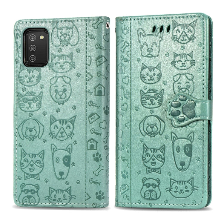 Simpatica custodia in pelle a ribalta orizzontale in rilievo con gatto e cane con supporto e fessure per carte, portafoglio e cordino, For Samsung Galaxy A03s 166mm