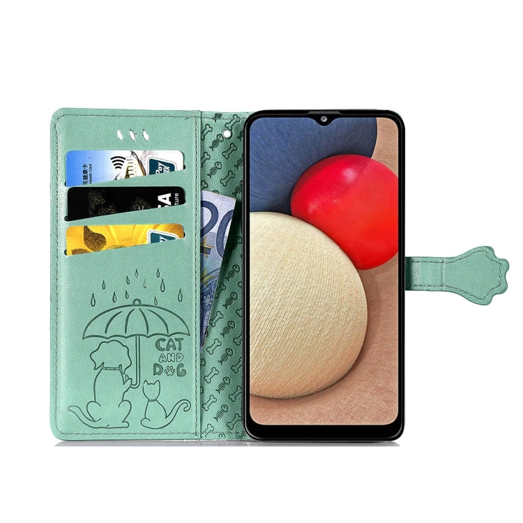 Simpatica custodia in pelle a ribalta orizzontale in rilievo con gatto e cane con supporto e fessure per carte, portafoglio e cordino, For Samsung Galaxy A03s 166mm