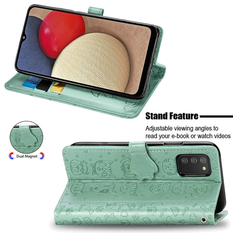 Simpatica custodia in pelle a ribalta orizzontale in rilievo con gatto e cane con supporto e fessure per carte, portafoglio e cordino, For Samsung Galaxy A03s 166mm
