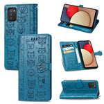 Simpatica custodia in pelle a ribalta orizzontale in rilievo con gatto e cane con supporto e fessure per carte, portafoglio e cordino, For Samsung Galaxy A03s 166mm