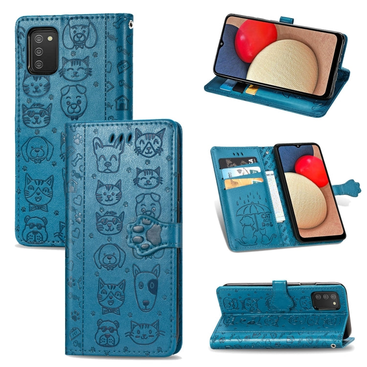 Simpatica custodia in pelle a ribalta orizzontale in rilievo con gatto e cane con supporto e fessure per carte, portafoglio e cordino, For Samsung Galaxy A03s 166mm
