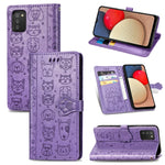 Simpatica custodia in pelle a ribalta orizzontale in rilievo con gatto e cane con supporto e fessure per carte, portafoglio e cordino, For Samsung Galaxy A03s 166mm