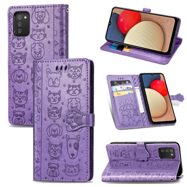 Simpatica custodia in pelle a ribalta orizzontale in rilievo con gatto e cane con supporto e fessure per carte, portafoglio e cordino, For Samsung Galaxy A03s 166mm