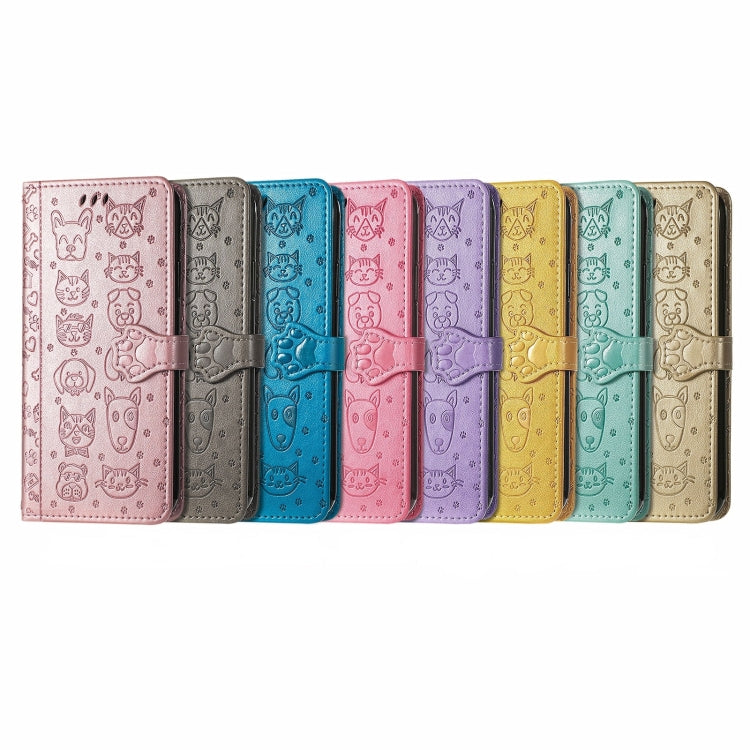 Simpatica custodia in pelle a ribalta orizzontale in rilievo con gatto e cane con supporto e fessure per carte, portafoglio e cordino, For Samsung Galaxy A03s 166mm