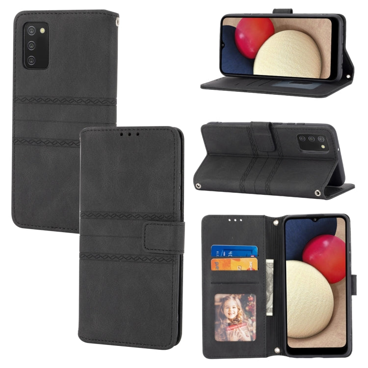 Custodia in pelle flip orizzontale PU + TPU con fibbia magnetica a righe in rilievo, For Samsung Galaxy A02s 166mm