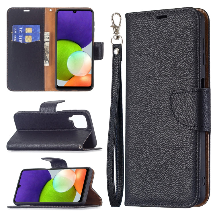 Custodia per cellulare in pelle a conchiglia orizzontale in puro colore Litchi Texture con supporto e slot per carte e portafoglio e cordino, For Samsung Galaxy A22 4G