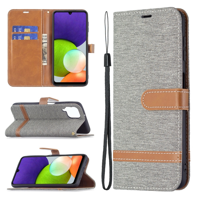 Custodia per telefono in pelle a conchiglia orizzontale con trama denim abbinata al colore con supporto e fessure per carte e portafoglio e cordino, For Samsung Galaxy A22 4G