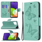 Custodia per telefono in pelle a vibrazione orizzontale con motivo a due farfalle in rilievo con supporto e slot per schede, portafoglio e cordino, For Samsung Galaxy A22 4G