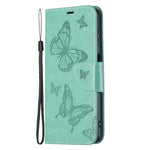 Custodia per telefono in pelle a vibrazione orizzontale con motivo a due farfalle in rilievo con supporto e slot per schede, portafoglio e cordino, For Samsung Galaxy A22 4G