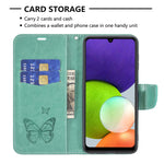 Custodia per telefono in pelle a vibrazione orizzontale con motivo a due farfalle in rilievo con supporto e slot per schede, portafoglio e cordino, For Samsung Galaxy A22 4G