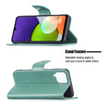 Custodia per telefono in pelle a vibrazione orizzontale con motivo a due farfalle in rilievo con supporto e slot per schede, portafoglio e cordino, For Samsung Galaxy A22 4G