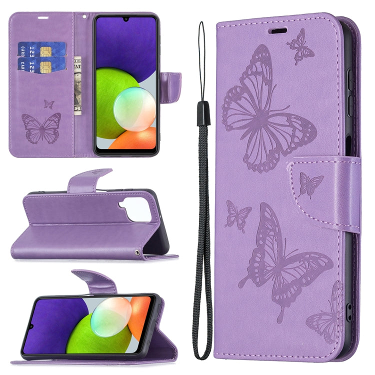 Custodia per telefono in pelle a vibrazione orizzontale con motivo a due farfalle in rilievo con supporto e slot per schede, portafoglio e cordino, For Samsung Galaxy A22 4G