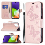 Custodia per telefono in pelle a vibrazione orizzontale con motivo a due farfalle in rilievo con supporto e slot per schede, portafoglio e cordino, For Samsung Galaxy A22 4G