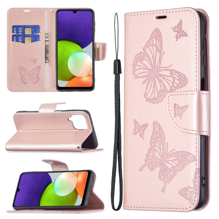 Custodia per telefono in pelle a vibrazione orizzontale con motivo a due farfalle in rilievo con supporto e slot per schede, portafoglio e cordino, For Samsung Galaxy A22 4G