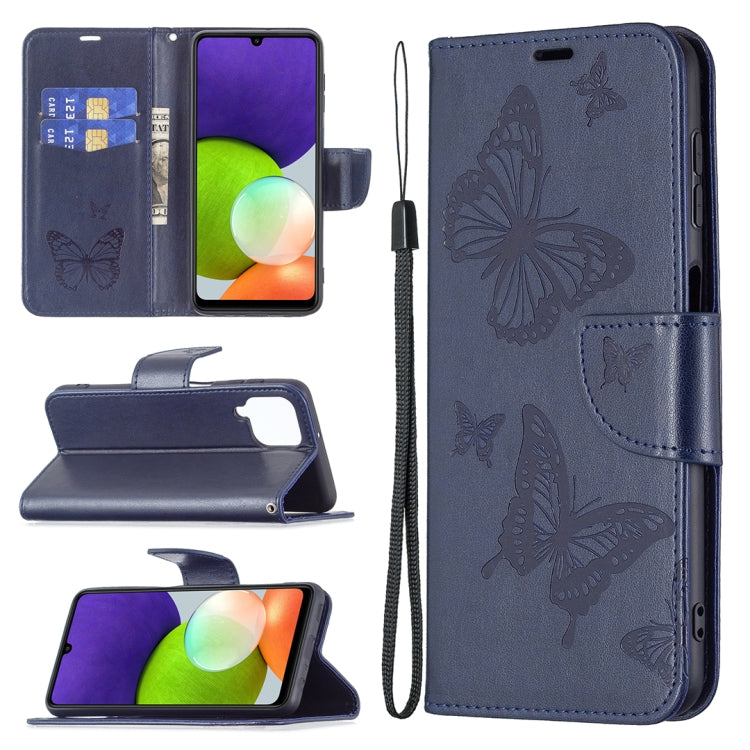 Custodia per telefono in pelle a vibrazione orizzontale con motivo a due farfalle in rilievo con supporto e slot per schede, portafoglio e cordino, For Samsung Galaxy A22 4G