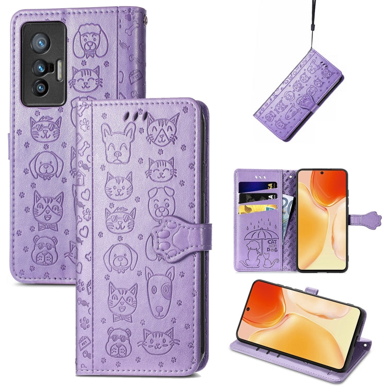 Bella custodia per cellulare in pelle con motivo a rilievo orizzontale a forma di gatto e cane con supporto e slot per schede e portafoglio e chiusura a cartone animato e cordino, For vivo X70