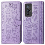 Bella custodia per cellulare in pelle con motivo a rilievo orizzontale a forma di gatto e cane con supporto e slot per schede e portafoglio e chiusura a cartone animato e cordino, For vivo X70
