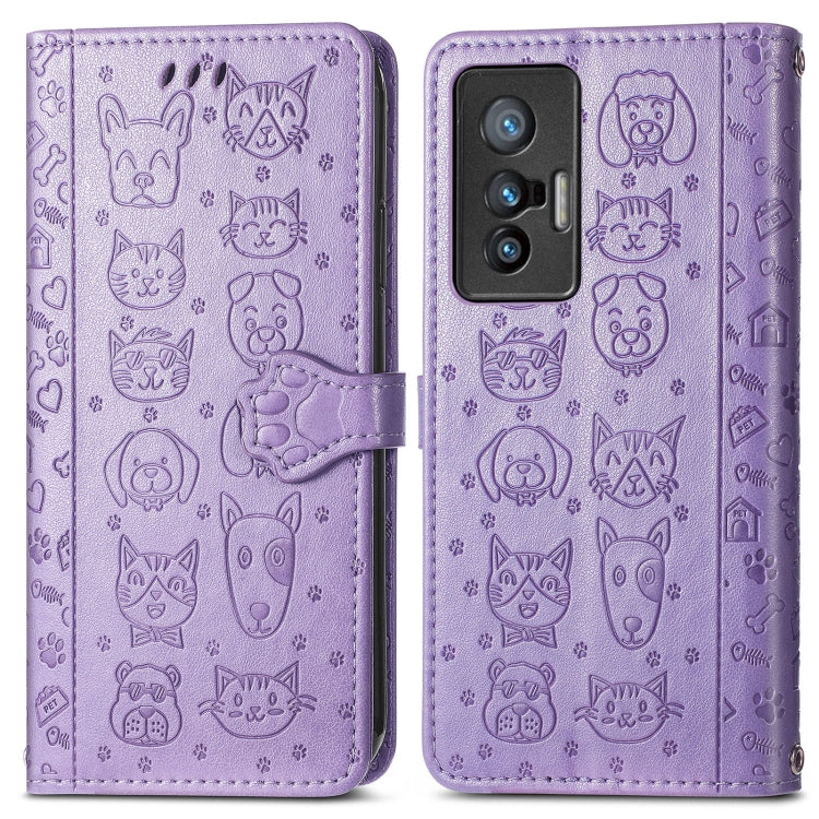 Bella custodia per cellulare in pelle con motivo a rilievo orizzontale a forma di gatto e cane con supporto e slot per schede e portafoglio e chiusura a cartone animato e cordino, For vivo X70