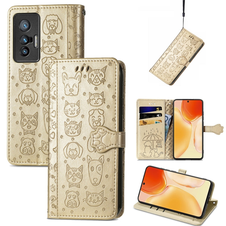 Bella custodia per cellulare in pelle con motivo a rilievo orizzontale a forma di gatto e cane con supporto e slot per schede e portafoglio e chiusura a cartone animato e cordino, For vivo X70
