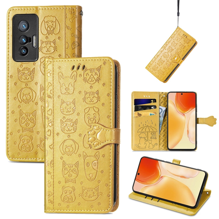 Bella custodia per cellulare in pelle con motivo a rilievo orizzontale a forma di gatto e cane con supporto e slot per schede e portafoglio e chiusura a cartone animato e cordino, For vivo X70