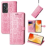 Bella custodia per cellulare in pelle con motivo a rilievo orizzontale a forma di gatto e cane con supporto e slot per schede e portafoglio e chiusura a cartone animato e cordino, For vivo X70
