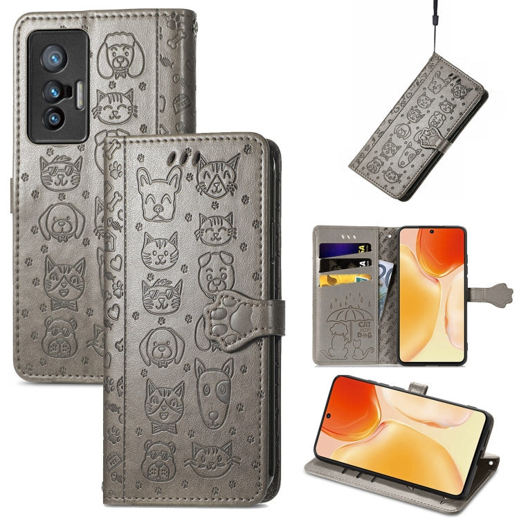 Bella custodia per cellulare in pelle con motivo a rilievo orizzontale a forma di gatto e cane con supporto e slot per schede e portafoglio e chiusura a cartone animato e cordino, For vivo X70