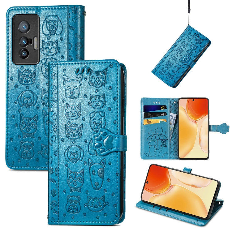 Bella custodia per cellulare in pelle con motivo a rilievo orizzontale a forma di gatto e cane con supporto e slot per schede e portafoglio e chiusura a cartone animato e cordino, For vivo X70