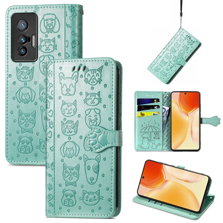 Bella custodia per cellulare in pelle con motivo a rilievo orizzontale a forma di gatto e cane con supporto e slot per schede e portafoglio e chiusura a cartone animato e cordino, For vivo X70