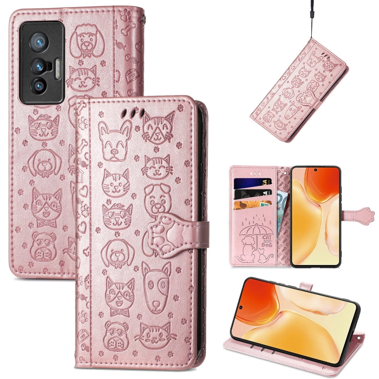 Bella custodia per cellulare in pelle con motivo a rilievo orizzontale a forma di gatto e cane con supporto e slot per schede e portafoglio e chiusura a cartone animato e cordino, For vivo X70