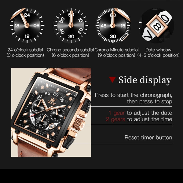 OLEVS 9919 quadrante quadrato cronografo luminoso orologio al quarzo da uomo