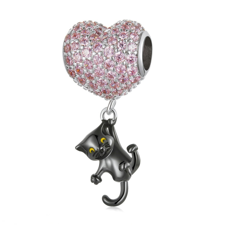 Accessori per collana braccialetto fai-da-te con ciondolo gatto nero in argento sterling S925 con palloncino a forma di cuore, Heart Balloon Little Black Cat