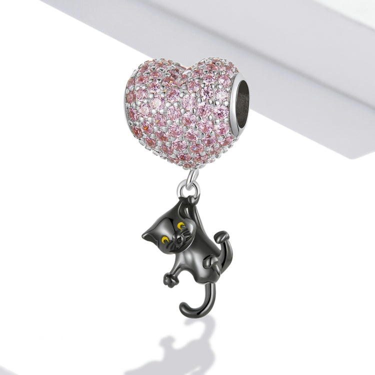 Accessori per collana braccialetto fai-da-te con ciondolo gatto nero in argento sterling S925 con palloncino a forma di cuore, Heart Balloon Little Black Cat