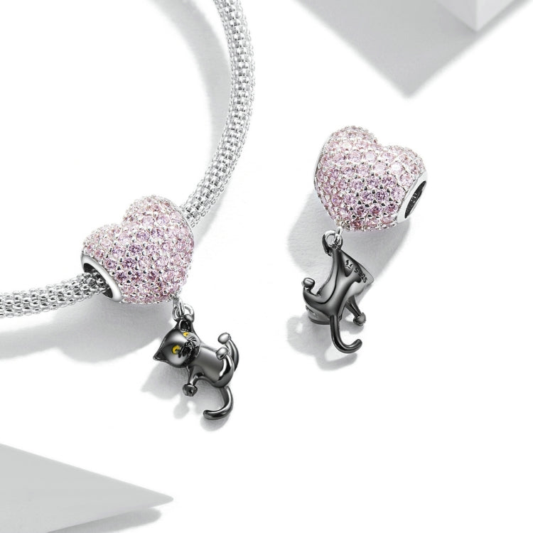 Accessori per collana braccialetto fai-da-te con ciondolo gatto nero in argento sterling S925 con palloncino a forma di cuore, Heart Balloon Little Black Cat