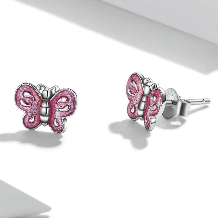 Orecchini da donna con orecchini a bottone a forma di farfalla rosa in argento sterling S925, Pink Butterfly