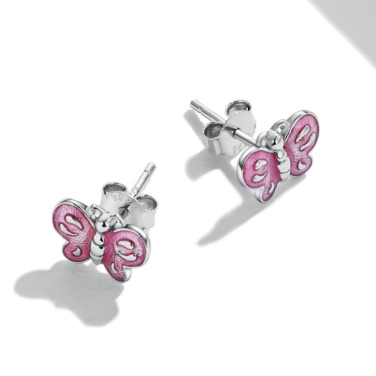 Orecchini da donna con orecchini a bottone a forma di farfalla rosa in argento sterling S925, Pink Butterfly