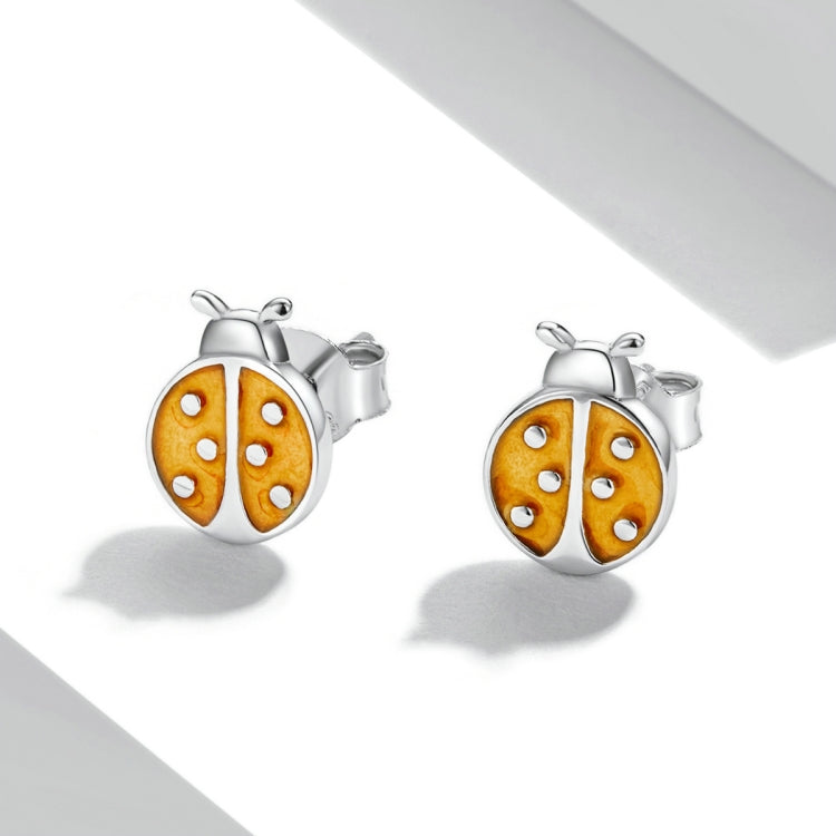 Orecchini a bottone da donna con coccinella arancione in argento sterling S925, Orange Ladybug