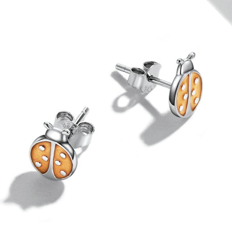 Orecchini a bottone da donna con coccinella arancione in argento sterling S925, Orange Ladybug