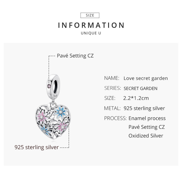 Accessori per collana braccialetto fai-da-te con ciondolo giardino segreto a forma di cuore in argento sterling S925, Heart Secret Garden