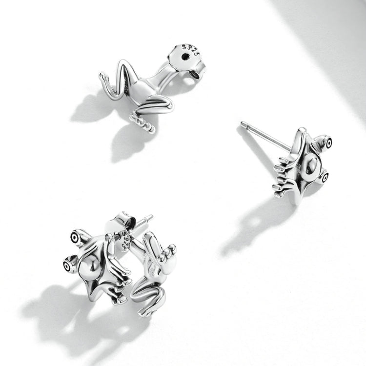 Orecchini da donna con orecchini a bottone a forma di rana divertenti in argento sterling S925, Fun Frog