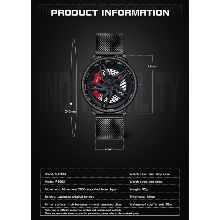 SANDA 1062 Orologio al quarzo da uomo con cinturino in maglia con quadrante girevole a 360 gradi, 1062 Mesh Strap
