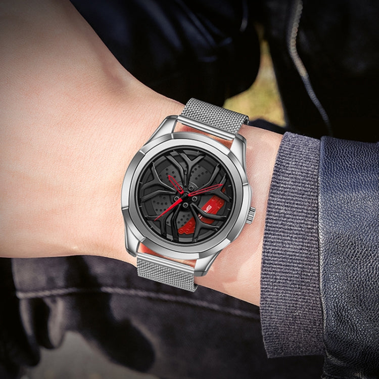 SANDA 1065 Orologio al quarzo da uomo con quadrante non girevole con ruota cava 3D, Steel Belt, Leather Belt, Mesh Belt