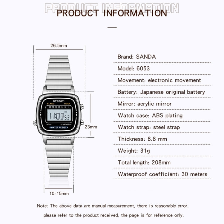 SANDA 6053 Square LED Digital Display Dial Running Seconds Sveglia Orologio elettronico da donna