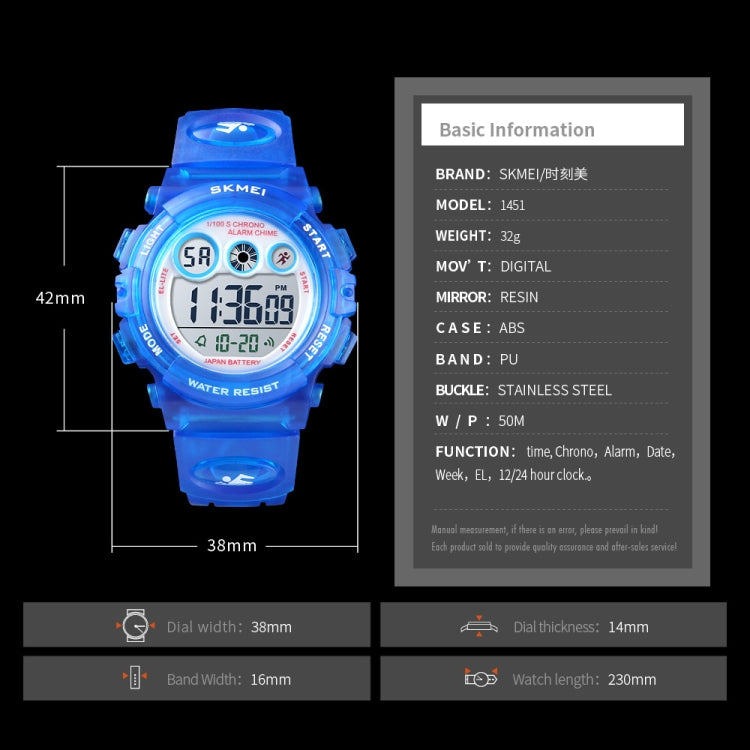 SKMEI 1451 Cronometro digitale a LED Cronografo Orologio elettronico sportivo per bambini luminoso, 1451(Transparent Pink Blue), 1451(Transparent Pink), 1451(Transparent Purple), 1451(Transparent Sky Blue), 1451(Transparent Rose Red)                   ...