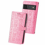 Custodia in pelle per telefono a conchiglia orizzontale goffrata gatto e cane con supporto, slot per schede, portafoglio e cordino, For Google Pixel 6