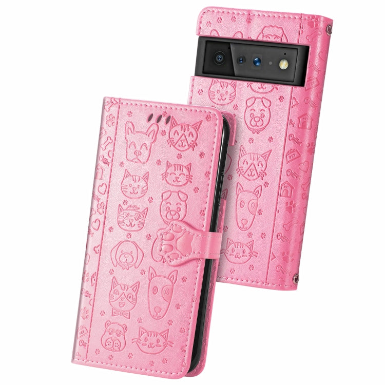 Custodia in pelle per telefono a conchiglia orizzontale goffrata gatto e cane con supporto, slot per schede, portafoglio e cordino, For Google Pixel 6