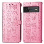 Custodia in pelle per telefono a conchiglia orizzontale goffrata gatto e cane con supporto, slot per schede, portafoglio e cordino, For Google Pixel 6