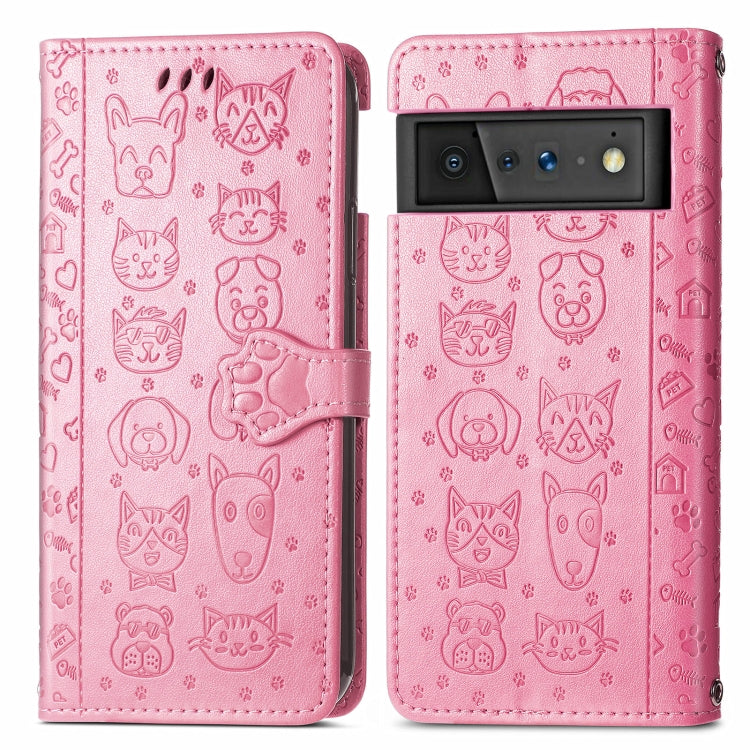 Custodia in pelle per telefono a conchiglia orizzontale goffrata gatto e cane con supporto, slot per schede, portafoglio e cordino, For Google Pixel 6