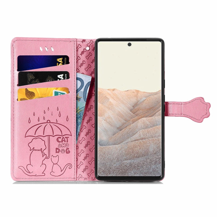 Custodia in pelle per telefono a conchiglia orizzontale goffrata gatto e cane con supporto, slot per schede, portafoglio e cordino, For Google Pixel 6