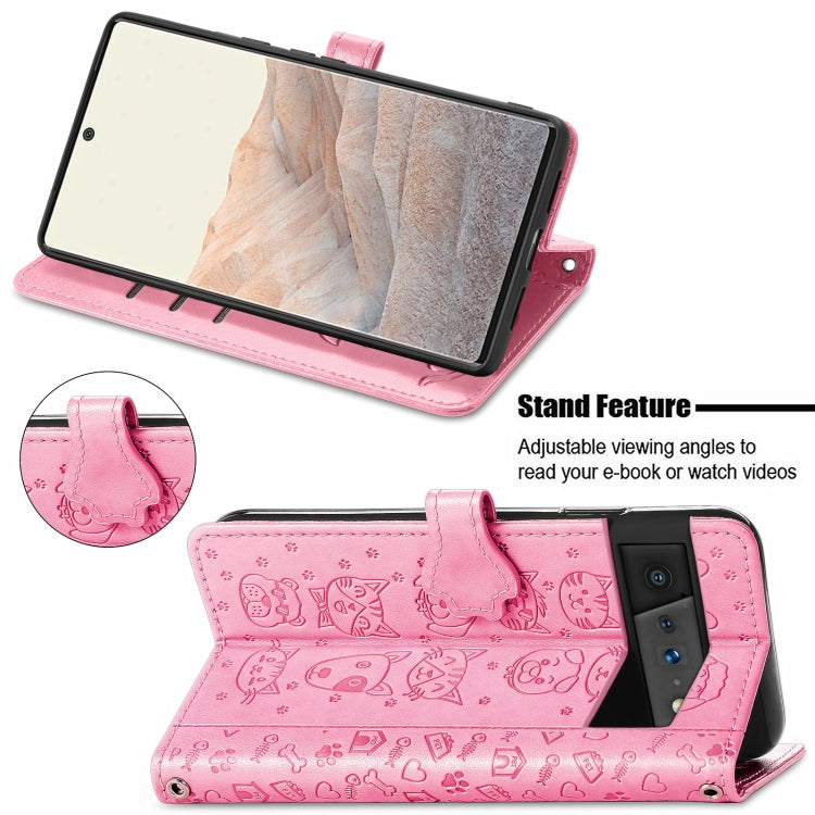 Custodia in pelle per telefono a conchiglia orizzontale goffrata gatto e cane con supporto, slot per schede, portafoglio e cordino, For Google Pixel 6